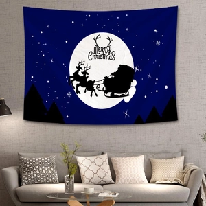 Cozy home setting with Santa Claus reindeer silhouette tapestry and Merry Christmas text