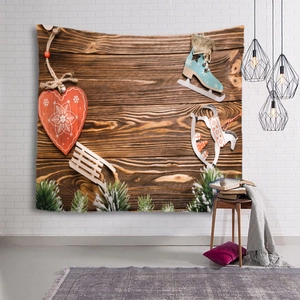 Cozy Christmas wall tapestry featuring Nordic wooden texture and festive ornaments decor