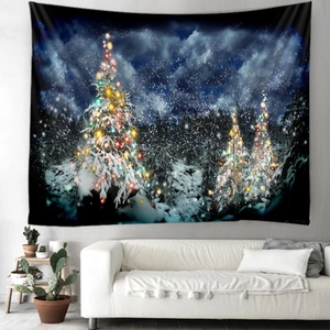 Christmas tapestry featuring snowy forest night and festive lit trees over a cozy sofa