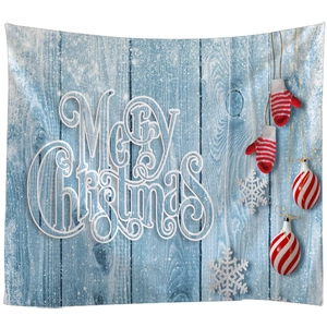 Blue wood grain Christmas tapestry with Merry Christmas text and festive ornaments