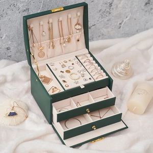 Three-layer dark green PU leather jewelry box with drawers and soft velvet lining