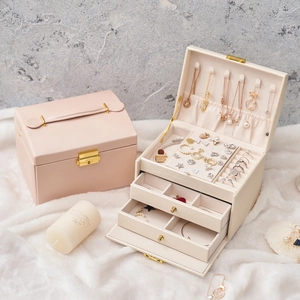 Three-tier PU leather jewelry storage box with drawers and lock for earrings and rings