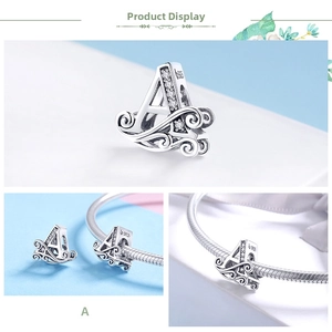 Macro view of a 925 sterling silver letter A charm with cubic zirconia on a snake chain