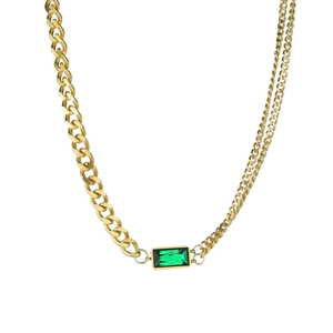 Retro titanium steel gold double-layer necklace with rectangular emerald zircon stone