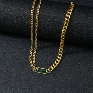 Double-layered 18K gold plated stainless steel necklace with rectangular green zircon