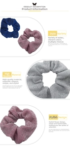 Detail of metallic silk scrunchies in blue, pink, and silver with glitter texture