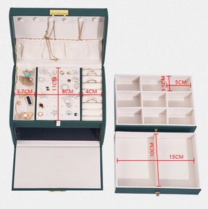 Detailed dimensions of multi-layer jewelry box drawers with velvet interior lining