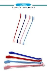Double-ended pet toothbrush set in four colors with long handles for deep dental cleaning