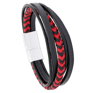 Multilayer red and black braided leather bracelet with silver magnetic buckle closure