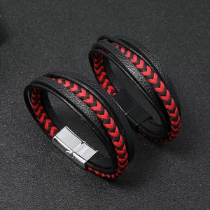 Multilayer braided leather bracelet for men with red and black pattern and magnetic clasp