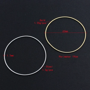 Top view of 1.7mm stainless steel wire bracelets with 63mm diameter in gold and silver