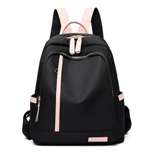 Waterproof black nylon backpack with pink trim and dual zipper design for travel