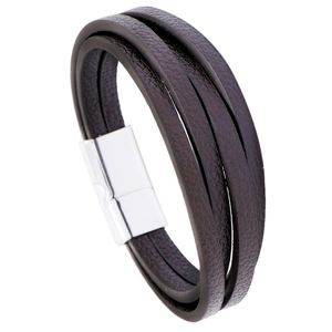 Multi-layer men's leather bracelet in dark brown with a polished silver metal clasp