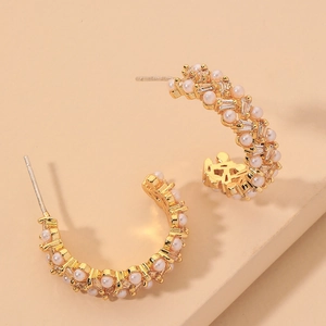 C Shaped Hoop Earrings With Alloy Artificial Pearl Zircon And 925 Sterling Silver Earring Post Elegant Geometric For Women