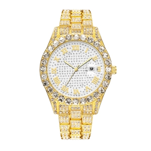 Orologio al quarzo dorato da donna con numeri romani, intarsio di diamanti e datario