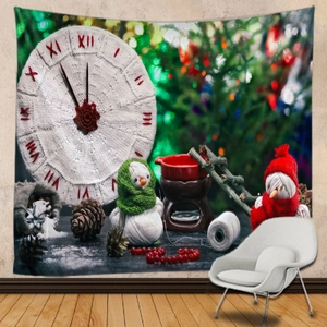 Detail of Christmas wall tapestry featuring snowman and clock hanging above a white chair