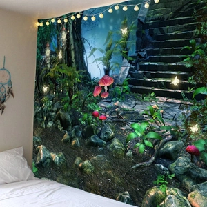 Christmas tapestry with enchanted forest mushroom pattern and glowing string lights for room decor