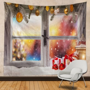 Arazzo natalizio da parete con scena di neve da finestra retrò e decorazione di pacchi regalo
