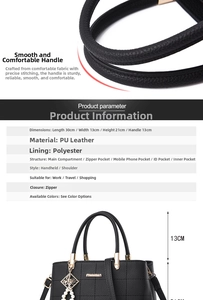 Detailed internal structure of the quilted black PU handbag with size 30x13x21cm