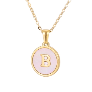 Detail of 18k gold plated stainless steel necklace with pink shell pendant and letter B
