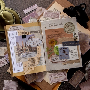 Vintage scrapbooking material set with gold-stamped stickers in brown and beige tones