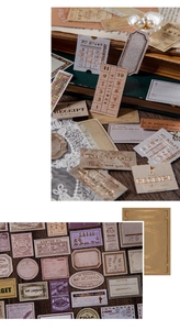 Macro shot of vintage gold-stamped receipt stickers on antique paper with lace detail