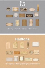 Close-up of vintage gold-stamped stickers showing retro frames and French text patterns