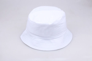 Close-up of a white cotton bucket hat showing detailed stitching and fabric texture