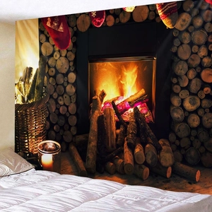 Christmas tapestry with vintage fireplace and stockings hanging above a white bed