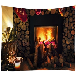 Christmas fireplace tapestry wall hanging with cozy wood burning hearth scene for room decor