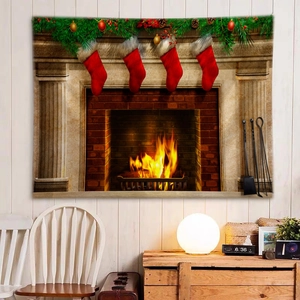Detail of Christmas tapestry showing a cozy fireplace scene with festive red stockings