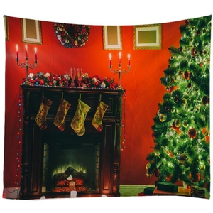 Festive Christmas tapestry backdrop featuring a classic fireplace and lighted Christmas tree