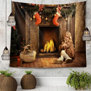 Christmas fireplace tapestry wall hanging with festive stockings and cozy holiday scene