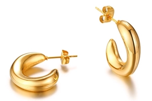 Polished 18k gold plated stainless steel C-shaped hoop earrings with clear reflections