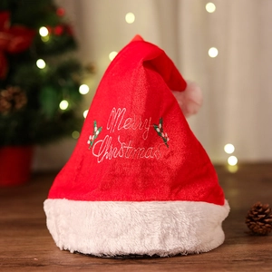 Classic plush Christmas hat with Merry Christmas embroidery and festive holly patterns