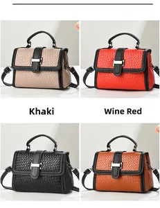Collage of woven texture handbags in khaki, wine red, black, and brown with gold hardware