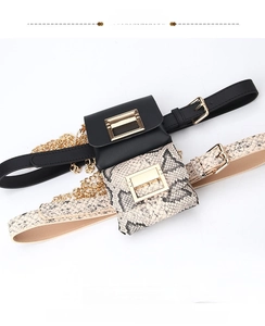 Detail of women's leather belt bags with gold buckles, chains and removable pouches