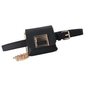 Women's black leather belt bag with a large gold square buckle and detachable chain strap