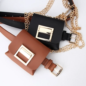 Versatile mini leather belt bags in black and brown with gold buckles and chains