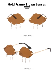 Detailed views of gold cloud sunglasses with brown lenses and lightning bolt pendants