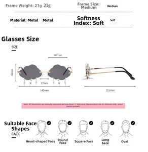 Size chart showing cloud shaped sunglasses dimensions with lightning charms and metal temples