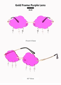 Cloud-shaped rimless sunglasses with purple lenses and lightning pendants, front and 45-degree view