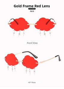 Cloud-shaped sunglasses with red lenses and lightning charms shown from multiple angles