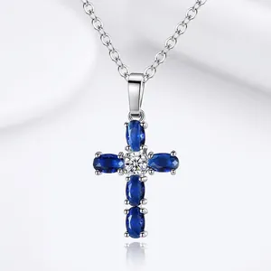 Cross Pendant Necklace With Blue Oval Zircon Silver Plated Copper Simple Elegant Fashion Clavicle Chain For Women