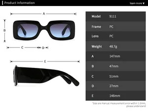 Detailed size chart for vintage rectangle sunglasses showing PC frame dimensions and specs