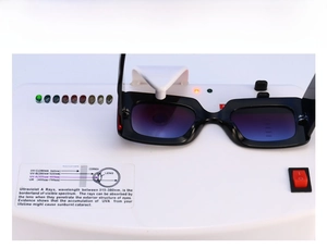 Detail showing UV400 protection test with 0400 display on wide-frame retro sunglasses