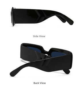 Side and back view of black rectangular sunglasses with wide temples and thick frames