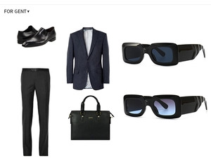 Flat lay of men's business fashion set with black derby shoes and modern sunglasses
