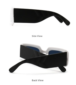 Side and back view of retro wide-arm sunglasses with contrast white and black frame
