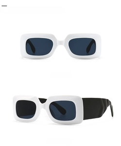 Front and 45-degree side view of white rectangular sunglasses with wavy black temples